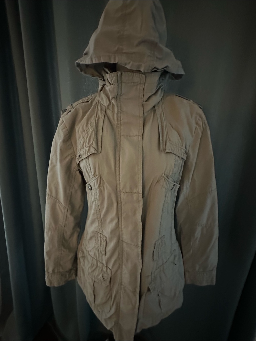 Street One Women’s S/M Hooded Utility Jacket Taupe Gray Floral Lined Parka
